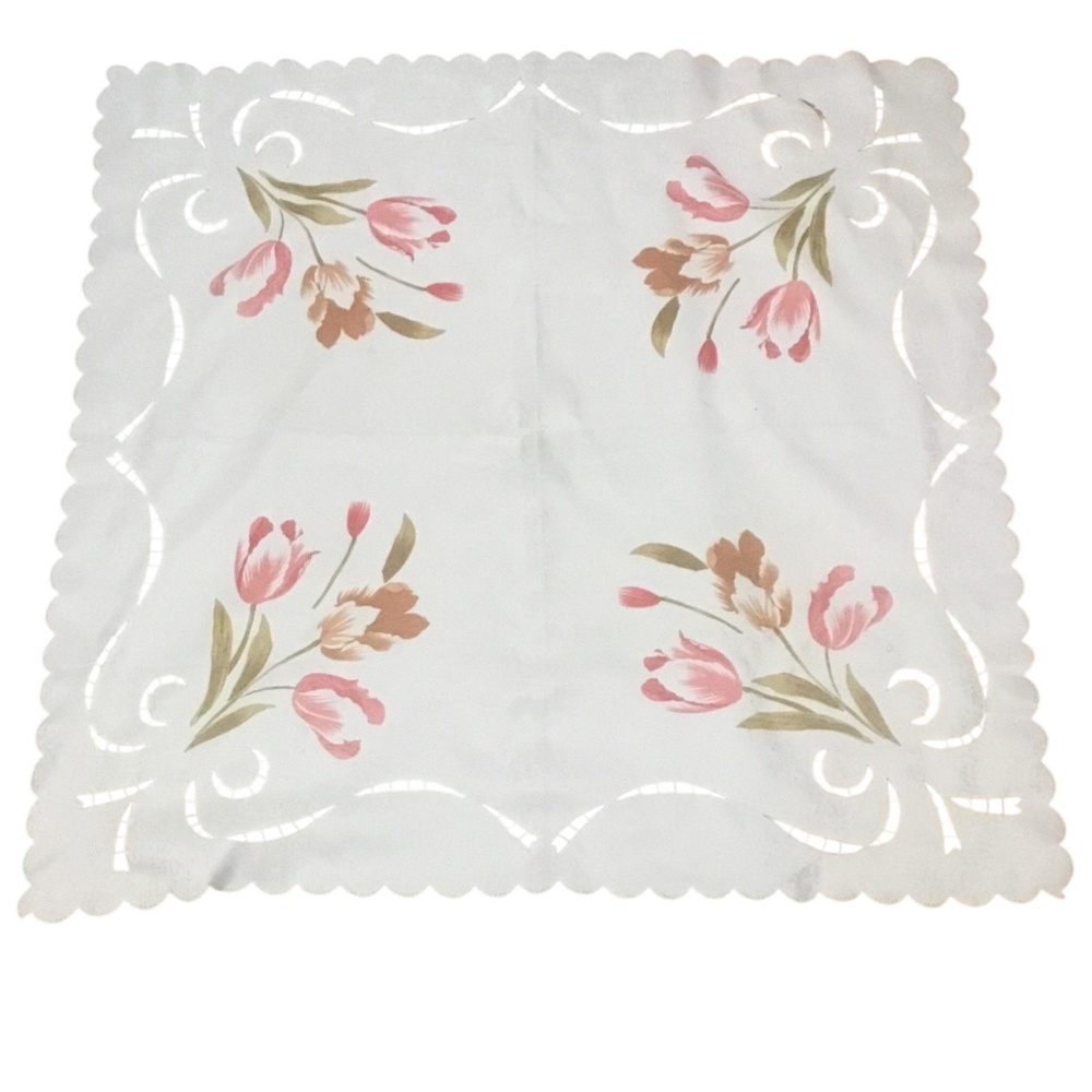 Square, pink flower printed table cloth